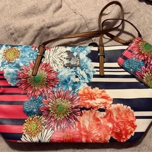 Nine West Navy & White Striped Floral Tote with Tan Handles
